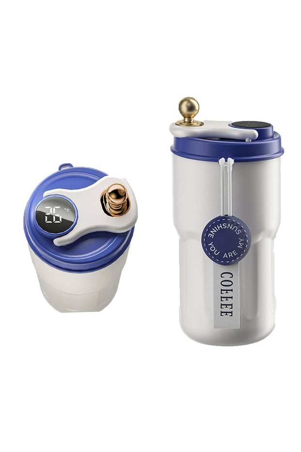 Insulated Stainless Steel Travel Coffee Mug LED Smart Temperature Display with Leak-Proof Lid, Keeps Cold for 12 Hours or Hot for 10 Hours for Ice Drinks and Hot Beverage 14oz Blue-White