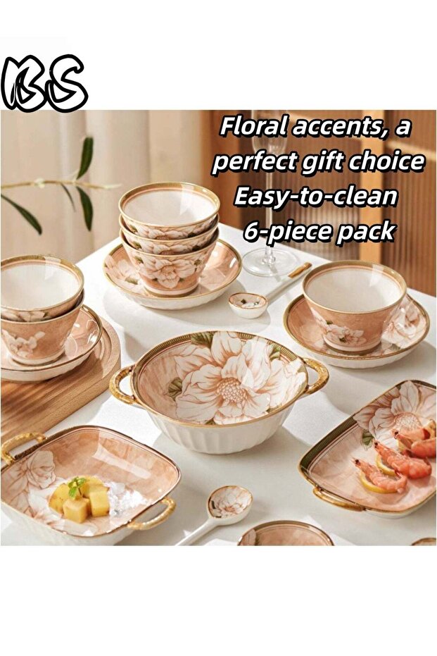 BS 6 pcs Camellia Pattern Ceramic Tableware - Great Value | Includes two spoons | Ideal for everyda