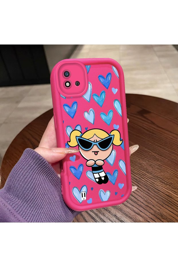 Realme C20/C20A Compatible Pink Red Silicone Case Shockproof Camera Protection Heart Powerpuff Girls Patterned