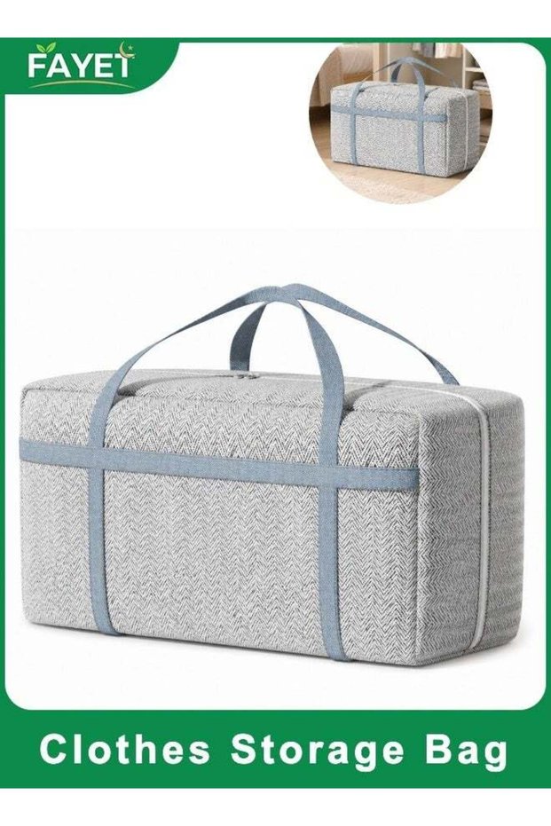 90L Large Clothes Storage Bag, Foldable Fabric Organizer, Portable Quilt Blanket Storage Tote with Handles and Zipper, Gray Herringbone, For Closet Bedroom Home Bullet Points
