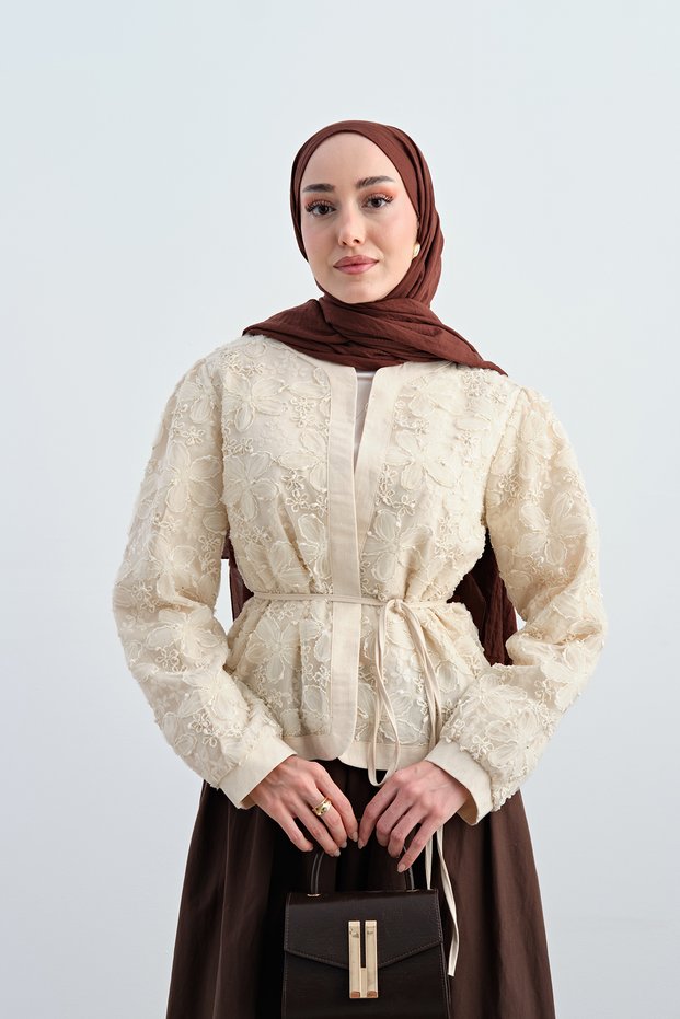 Women's Tulle Floral Embroidered Waist Tie Jacket Cream