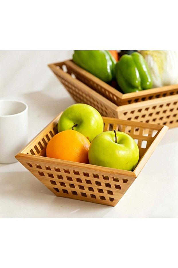 Bamboo Woven Storage Basket with Lattice Design for Fruits and Vegetables