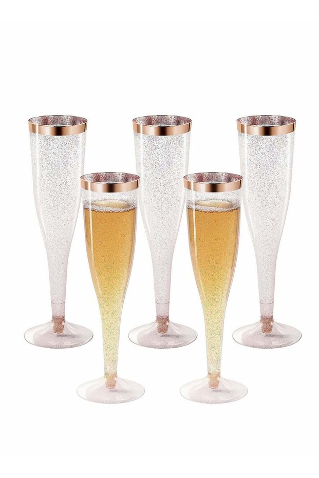 Plastic Drink Flutes Disposable, Gold Rim Gold Glitter Plastic Drink Flutes Disposable for Parties Clear Plastic Cups, drinks Glasses, Wedding and Shower Party Supplies 12 PCS (Rose Gold)