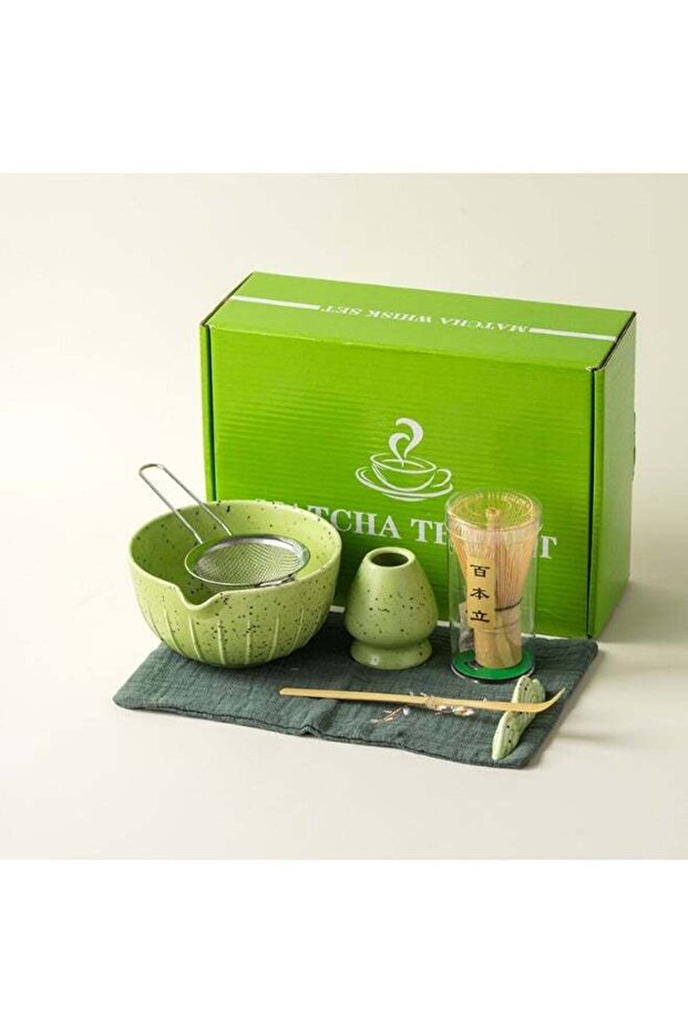 7 Piece Matcha Tea Set Matcha Whisk Kit Matcha Ceramic Bowl Matcha Whisk, White Whisk Holder Traditional Scoop Perfect Set to a Traditional of Matcha Tool(Green)