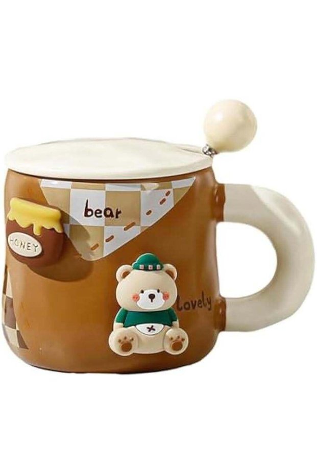 Korean Cartoon Teddy Bear Ceramic Mug with Lid and Spoon - 400ml
