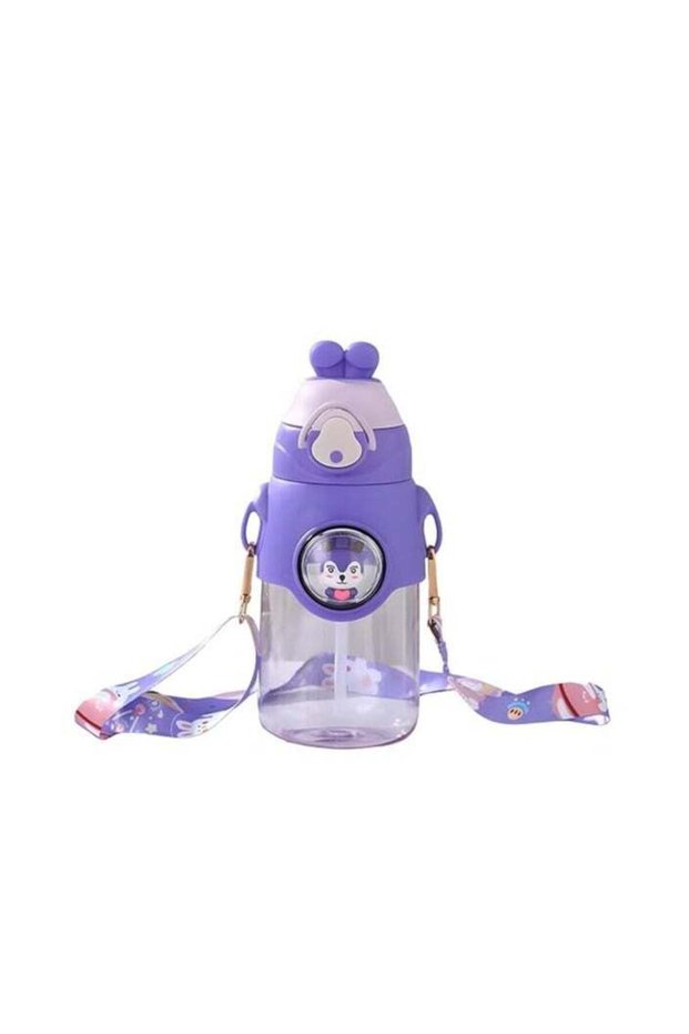 Cute Rabbit Cartoon Kids Water Bottle with Straw and Adjustable Strap Food Grade Tritan One-Click Open Portable Leak Proof Insulated BPA Free For Kids Girls School Travel 750Ml (Purple)
