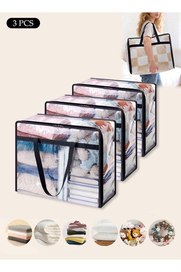 3 Pack Clear Plastic Storage Bags, 40L Clothes Storage Bag with Zipper,Foldable Moving Bags with Reinforced Handle,Waterproof and Dustproof, Sturdy and Durable,for Loft Wardrobe for Bedding Clothes B
