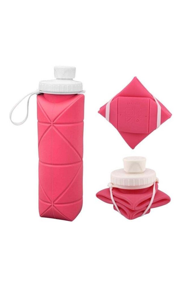 BrainGiggles Collapsible Water Bottles 600ml Silicone Folding Cup Leakproof Valve Reusable BPA Free Tumbler | Lightweight Foldable Travel Water Bottle for Gym Camping Hiking Travel Sports -Pink