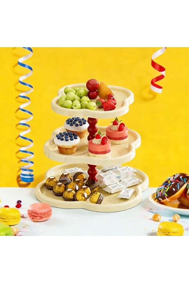 1 Pack 3 Tier Cupcake Stand Holder, Plastic Dessert Display Tower with Red Accents, Cream Color, 13