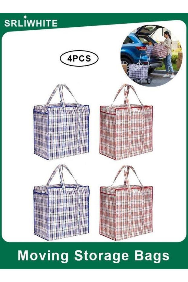 4-Pack Extra Large Reusable Laundry & Storage Bags with Zipper and Handles, Heavy-Duty Woven PP Moving Bags for Clothes, Bedding & Travel Storage, 2 Red + 2 Blue (50 × 50 × 12 cm)