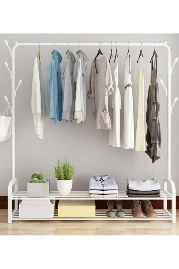Sturdy Garment Rack Heavy Duty Double Pole Clothes Rail with Shoe Rack Shelf Coat Display Stand with 4 Wheels for Bedroom Office Entryway