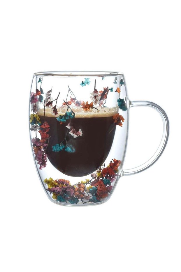 Double Walled Glass Coffee Mug with Handle, Insulated Layer Coffee Cup, Demitasse Clear Cups with Flower, Perfect for Cappuccino Tea Latte Espresso Hot Beverage, 300ml