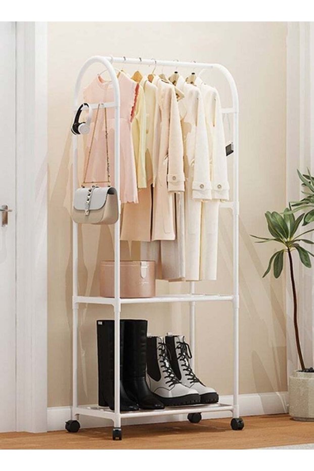 2-in 1 Garment Rack with Wheel and Side Hooks,Clothing Storage Organizer with Bottom Storage,Multi-Functional Coat Rack Storage for Bedroom Laundry ,Small Place ,Entryway (White)