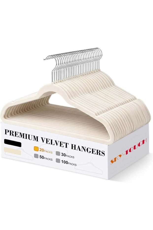 20 Pack Non-Slip Velvet Hangers with Tie Bar & 360° Hook - Beige