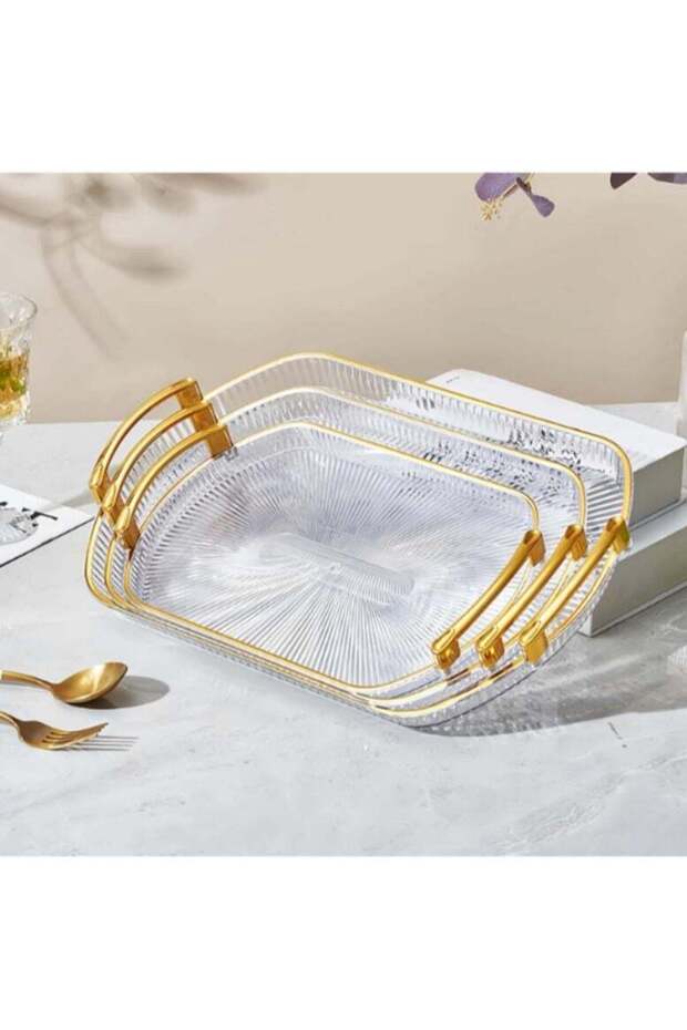 Set of 3 Transparent Plastic Tray with Handles 20/18/15 inches Large Serving Tray for Food Fruit Ve