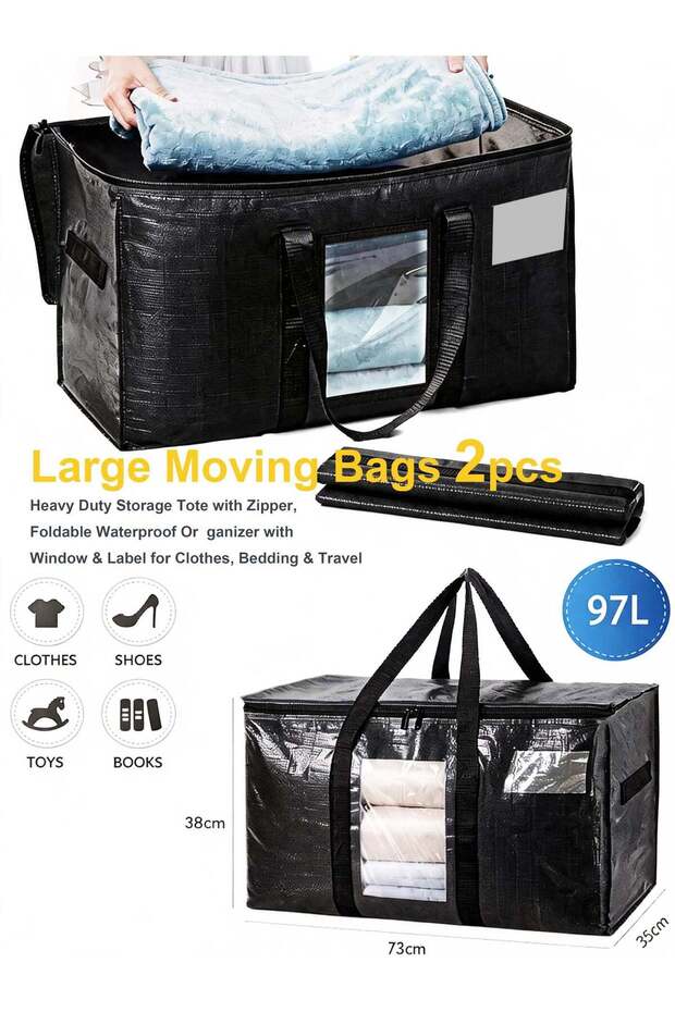 Large Moving Bags 2pcs Heavy Duty Storage Tote with Zipper, Foldable Waterproof Organizer with Window & Label for Clothes, Bedding & Travel