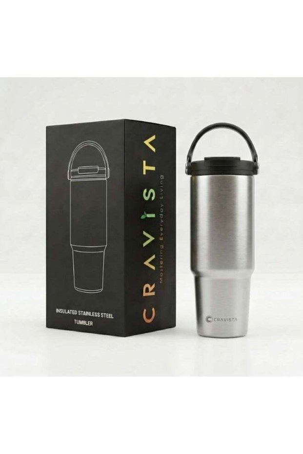 CRAVISTA 900ml Vacuum Insulated Cup – Stainless Steel Double Wall Travel Tumbler for Men, Women, Girls, Boys with Handle & Lid | Hot & Cold Flask Water Bottle for Office, Car, Gym, Outdoor (Silver)