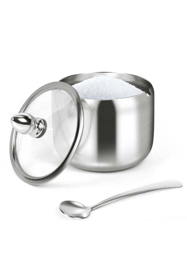 10oz Stainless Steel Sugar Bowl with Glass Lid and Spoon, Silver, for Coffee Bar & Kitchen Storage