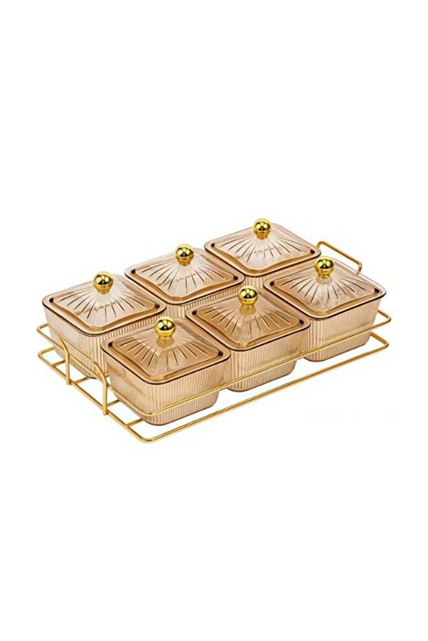 6 pcs Serving Bowls Set with Gold Metal Rack Tray, Removable Condiment Dishes for Fruit, Dessert, A
