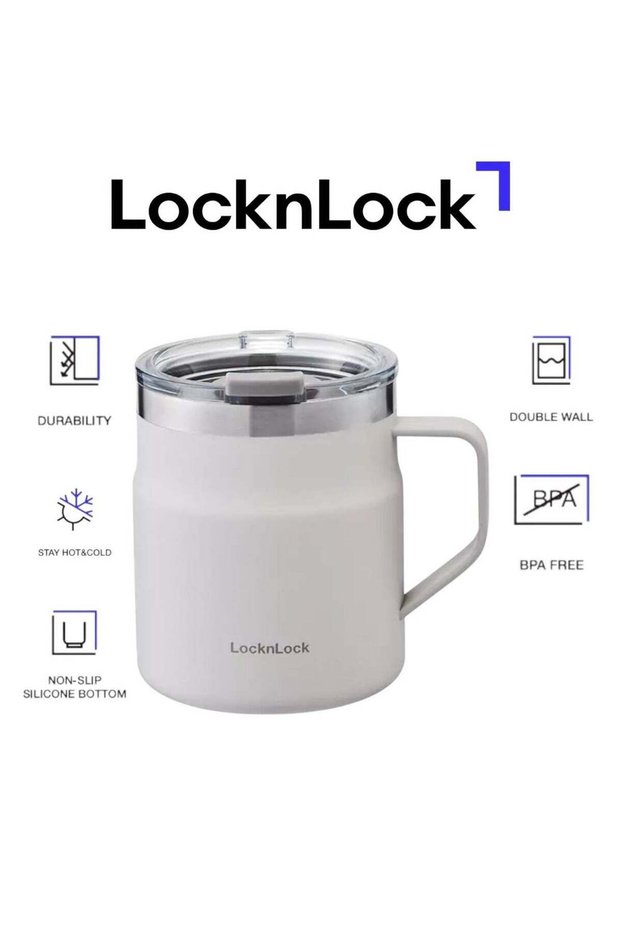LocknLock Metro Mug 355ml White Double Wall Stainless Steel Insulated Travel Mug, Spill Resistant Leakproof Lid, BPA Free Coffee Cup with Handle for Hot & Cold Drinks