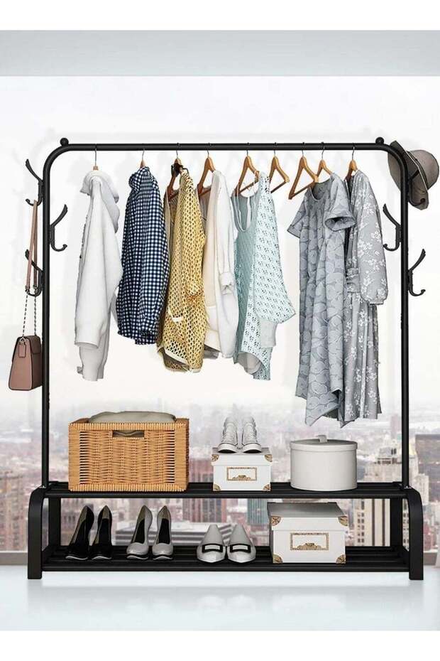Clothes Rack with Bottom Storage,Metal Garment Rack Doubles As a Shoe Rack and Clothes Rail Stand, Serving As a Multipurpose Hanger for Handbags, Hats, and Scarves