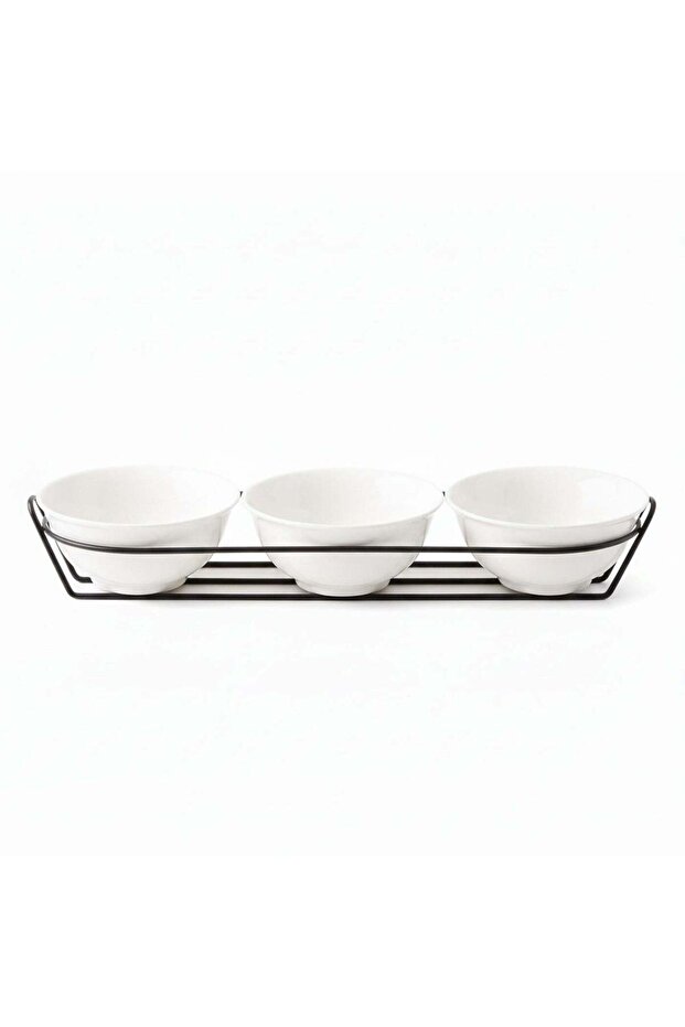 Shallow Arabic-Inspired Serving Bowl Set 3PCS Round 13cm White Porcelain Bowls with Metal Stand fo
