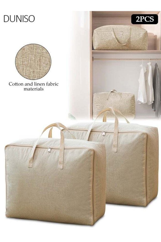 2 Pack Moving Storage Bag, Thick Beige Linen‑Textured Wear‑Resistant Organizer Tote, Reinforced Carry‑Handles and Premium Metal Zippers for Bedding, Closet Organization, Moving‑House and Outdoor Camp