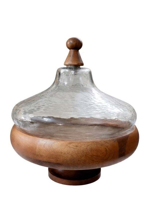 Premium Acacia Wood 29cm Round Serving Bowl with Wood Base & Hammered Glass Lid – Handcrafted Decor