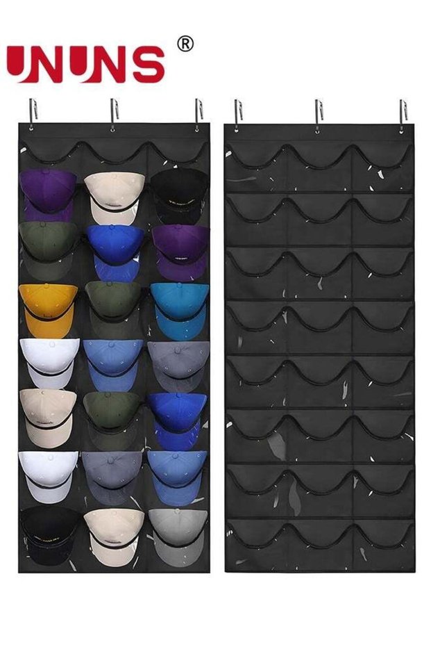 Hat Rack,24 Deep Pockets Hat Organizer,Hat Racks For Baseball Caps, Visible Hat Holder,Baseball Hat Rack For Wall Door With 3 Hooks,Black