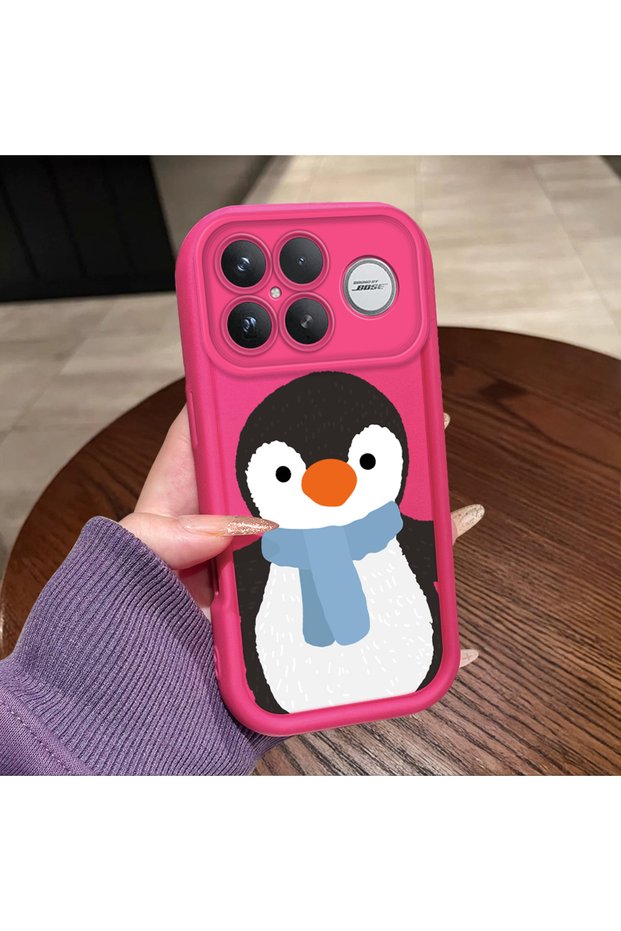 Poco F8 Ultra Compatible Pink Red Silicone Case Shockproof Camera Protection Penguin Pattern