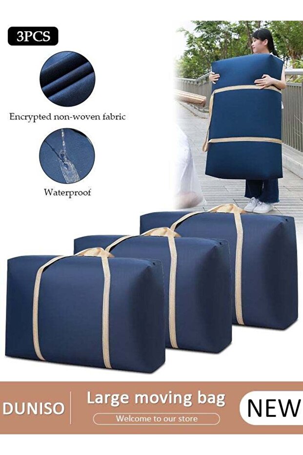 3-Piece Heavy-Duty Storage Bags With Zippers, Extra Large Durable Clothes Blanket Organizer Totes For Moving, Waterproof Laundry Bags With Reinforced Handles, Space-Saving Foldable Moving Bags For Ho