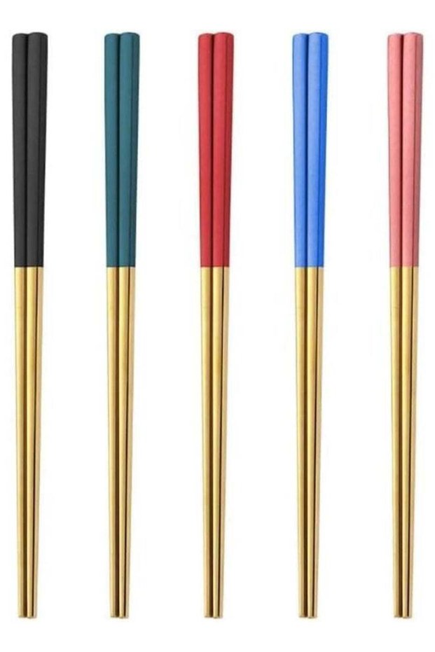 5 Pairs Stainless Steel Chopsticks Set, 304 Metal Reusable, Square Anti-Slip, Dishwasher Safe, Lightweight Korean Japanese Chopsticks for Sushi, Noodles, Hot Pot, 23cm – Gold 5 Colors