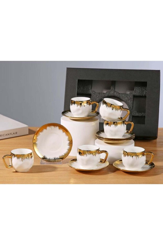 6 Sets Of Luxury Porcelain Turkish Coffee Cup Set Elegant Gold-Plated Design Modern Espresso Cup Set for Home Gift Premium Ceramic Tea Cups for Arabic White and Gold Design