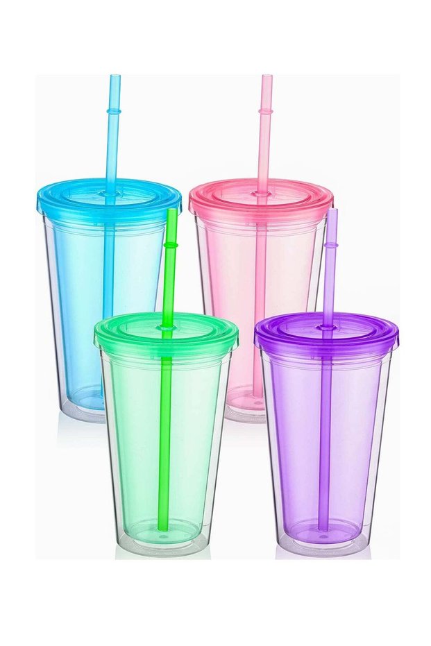 Reusable Transparent Plastic Cup Set, 4 Colored Insulated Double Wall Plastic Tumbler with Lids and Straws, Clear Plastic Tumblers Bulk for Coffee Drinks Milk Tea Juice (16 oz, 4 Pieces)