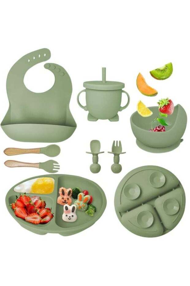 Baby Feeding Set, Baby Led Weaning Supplies with Suction Bowl Divided Plate, Toddler Self Feeding Dish Set with Spoons Forks Sippy Cup Adjustable Bib, Eating Utensils for 6+ Months