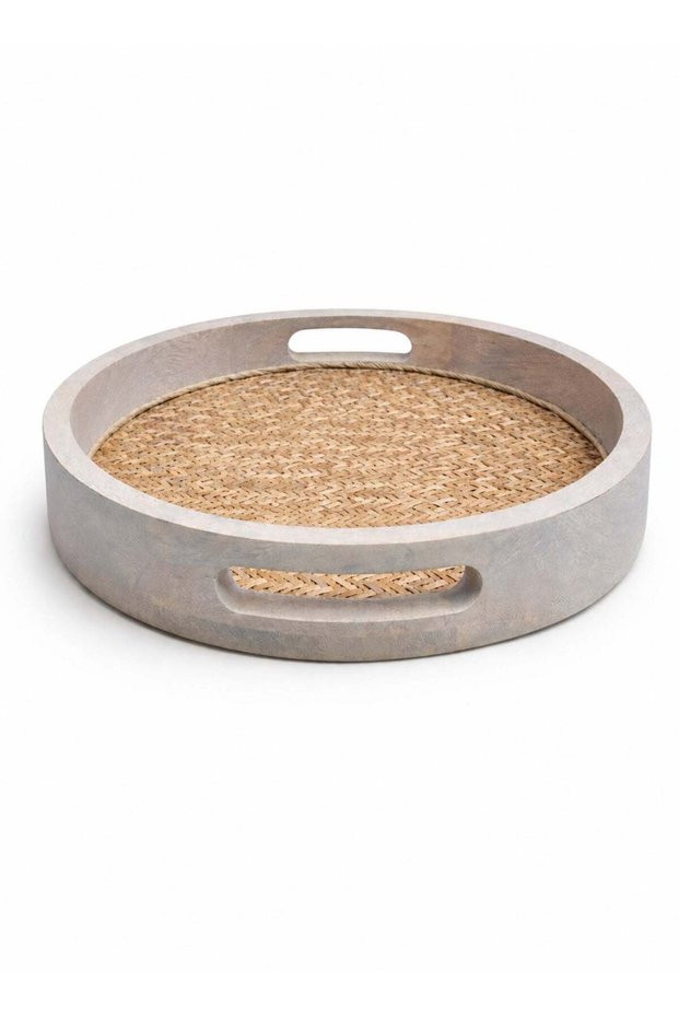 Premium White Wash Round Wood Serving Tray with Cut-Out Handles 33cm – Handcrafted Coffee Table & D