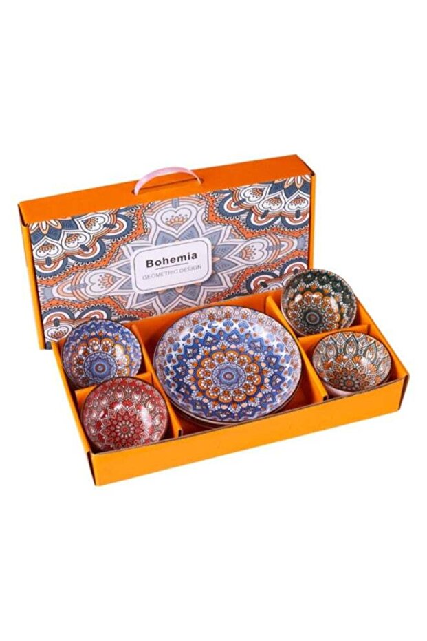 Bohemian Ceramic Dinnerware Set 4 Soup Bowls 2 Plates Dishwasher and Microwave Safe Ideal for Salad