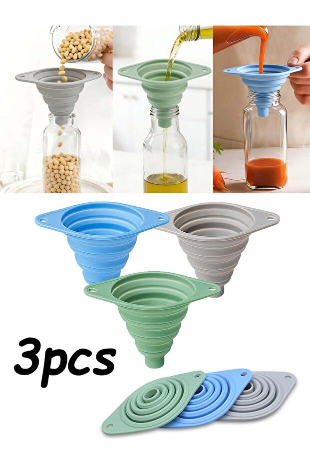 3 Pack Food Grade Silicone Collapsible Kitchen Funnel Set Space Saving Easy to Clean Portable Small