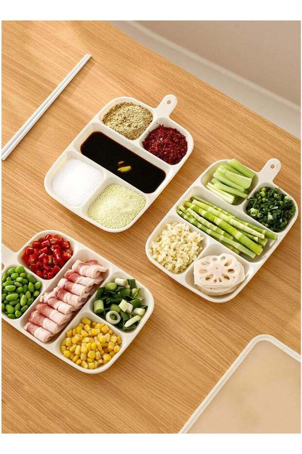 【5-Compartment Prep Plate】Household Kitchen Wall-Mounted Dividing Plate Multi-Function Hot Pot Dipping Sauce Dish | PET Material Smooth Easy Clean | 2cm Deep Grooves No Flavor Mixing | Thick Handle H