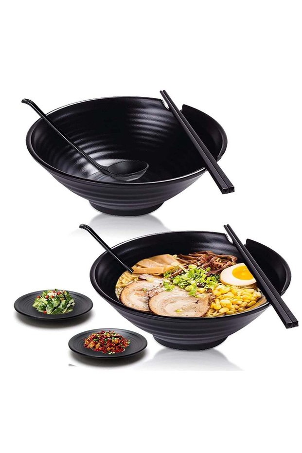 Unbreakable Ramen Bowl Set of 2, 8Pcs 37oz Black Large Ramen Bowls and Spoons Set with Chopsticks &