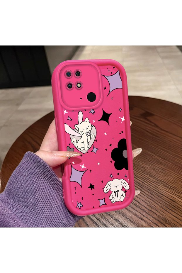 Redmi 10C Compatible Pink Red Silicone Case Shockproof Camera Protection Cat and Star Pattern