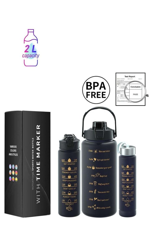 3 in1 large-capacity water bottle set, 300ML, 750ML, 2000ML.A water bottle with its own straw and PP material, suitable for students, families, offices and travelers, and a portable water bottle (bla