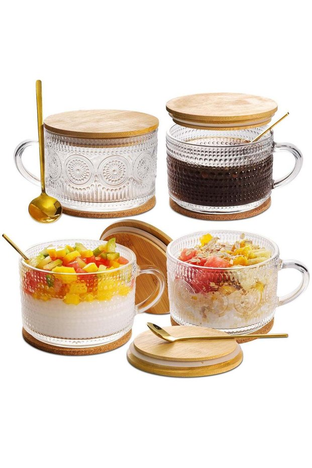 A set of four vintage-style coffee mugs, each with a 15-ounce capacity. These thick-walled, coffee cup feature embossed patterns and come with bamboo lids and spoons. Perfect for serving oatmeal, yog