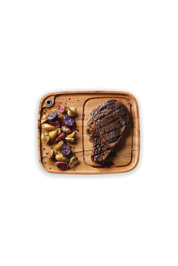 Acacia Wood Steak Plate & Cutting Board with Juice Channel and Hanging Hole