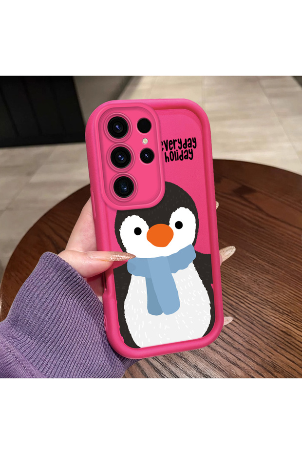 Samsung Galaxy S23 Ultra Compatible Pink Red Silicone Case Shockproof Camera Protection Penguin Pattern