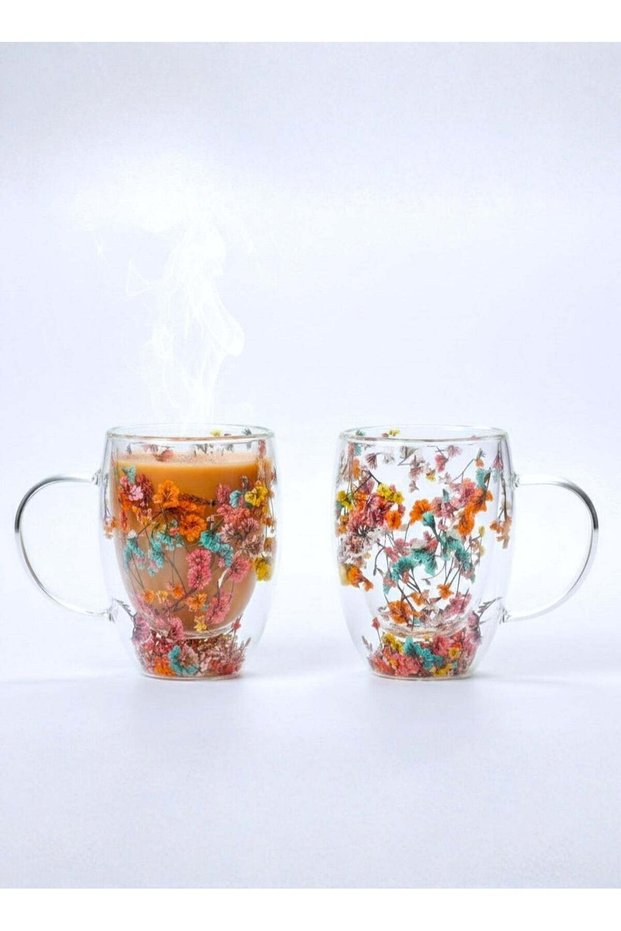 Set of 2 - 350 ML Borosilicate Double Wall Flower Glass Coffee Cups with Handle