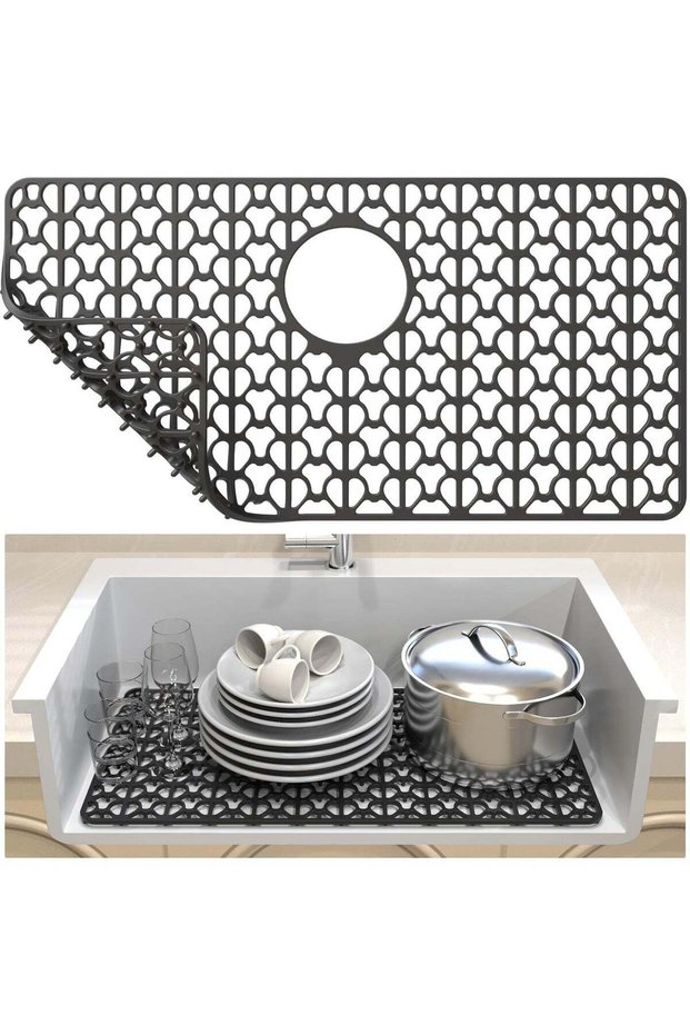 Silicone Kitchen Sink Mats, 26x14'' Protectors with Rear Drain, Cut to Fit, Heat Resistant and Flexible, Suitable for Bottom of Farmhouse and Porcelain Sinks, Black