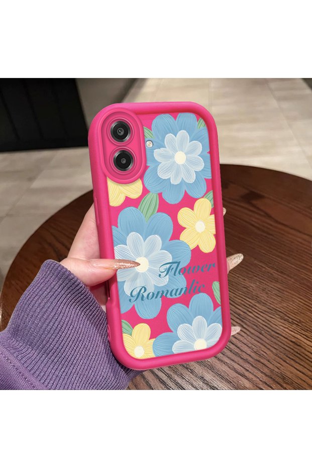 Samsung Galaxy A07 4g Compatible Pink Red Silicone Case Shockproof Camera Protection Flower Pattern
