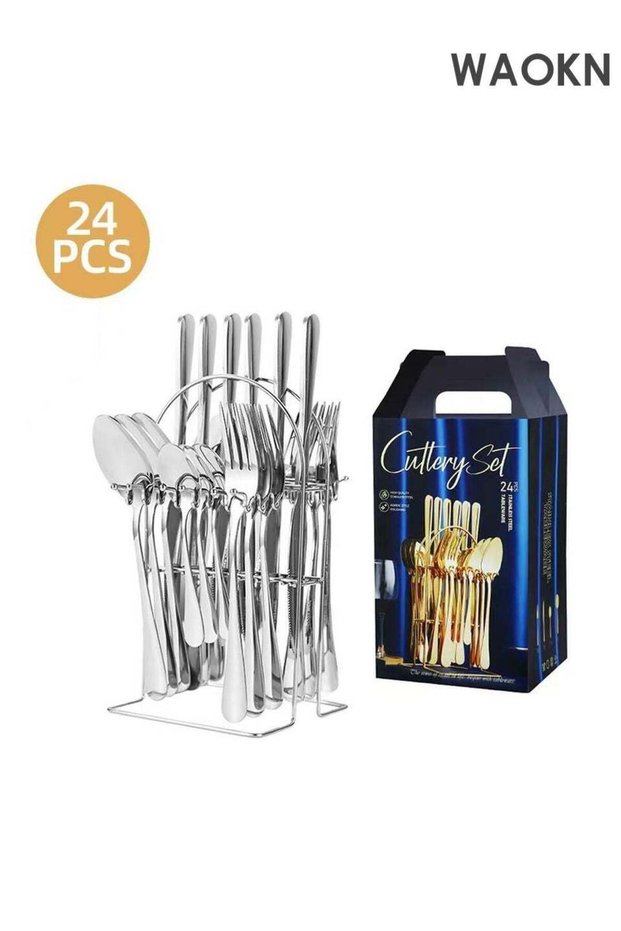 24PCS rware Set with Holder, Stainless Cutlery Set, Spoons Forks Knives Utensils Set, Service for 6 Mirror Polished Tableware Set Include Steak Knives, Rust-proof, Dishwasher Safe Portable Utensils,
