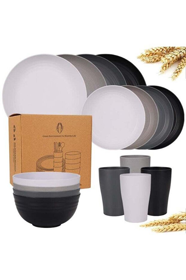 18 Pcs Wheat Straw Dinnerware Set,Includes 6 Plates, 6 Bowls, 6 Cups,Portable Reusable Dinnerware C